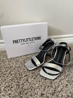 PrettyLittleThing Silver Metallic Square Toe Block Heel Sandals